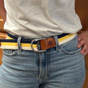 Ralph Lauren striped ribbon belt featur'g leather D-ring closure BlueYellowWhite